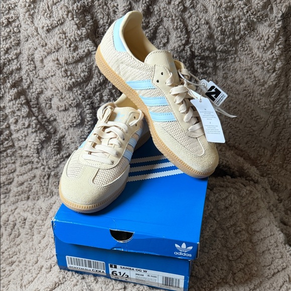 adidas Shoes - Adidas Women’s Samba OG Cream and Light Blue Sneakers
